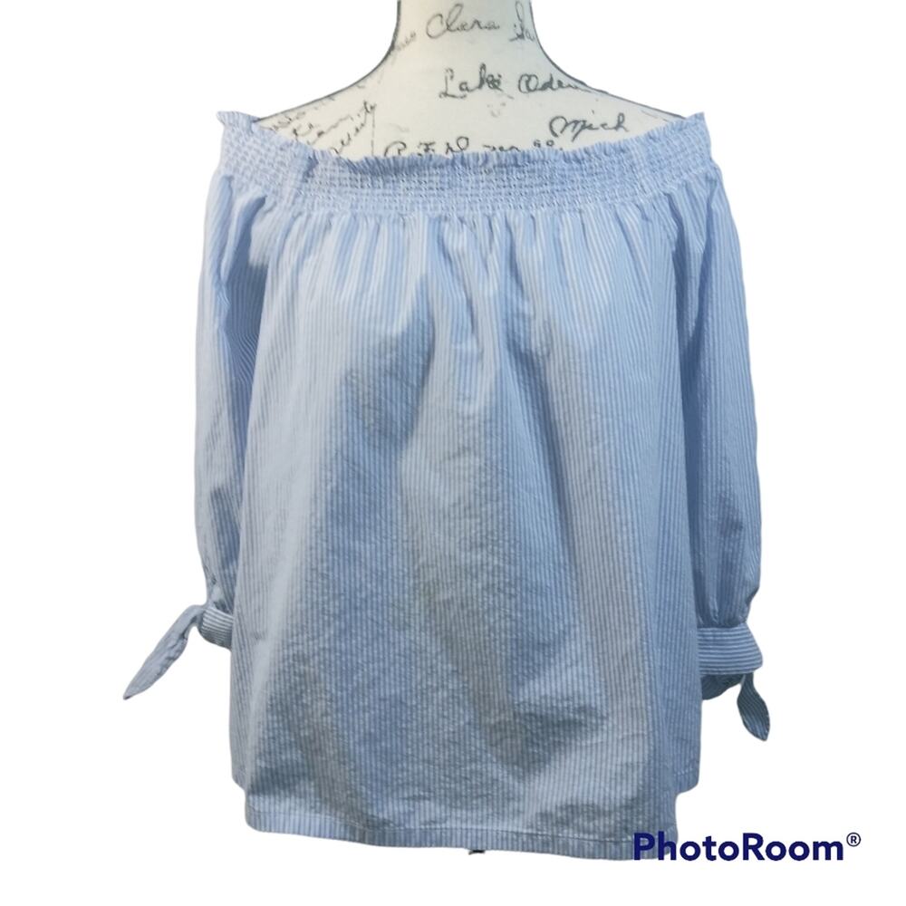 LOFT Blue White Stripe Cotton Off The Shoulder Top M